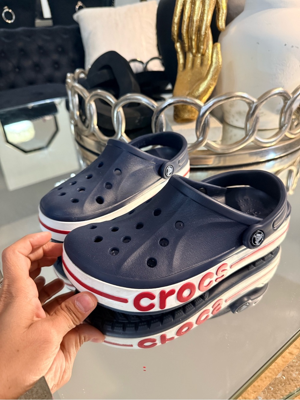 CROCS Kids Navy Clogs with White & Red Trim